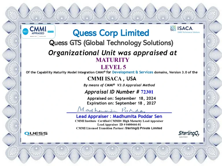 QuessGTS Achieves CMMI Maturity Level 5